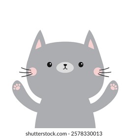 Cute gray cat waving hands. Cartoon kawaii baby character. Funny kitten sad face head. Pet animal. Pink ears, paw print. Valentines day. Sticker print. Flat design. White background. Vector