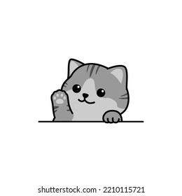 Cute gray cat waving paw cartoon, vector illustration