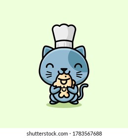 CUTE GRAU CAT WETERCHEF HAT UND ESSENDE TAIYAKILLUSTRATION