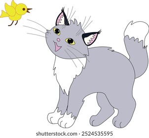 cute gray cat with white paws stands and looks at flying yellow bird, stock vector