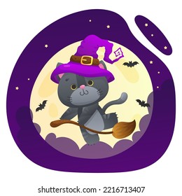 Cute gray cat with witch hat on his head sitting on the broomstick with big moon, stars and bats on background. Vector illustration for postcard, banner, design, arts, web, calendar, advertising.