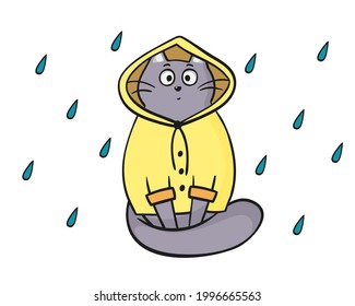 Cute gray cat in a yellow raincoat. Vector illustration in cartoon style. Isolated on white background. Cat in the rain
