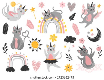 Cute gray cats unicorns on a white background. Children's illustration, stickers. Set of decorative elements, clipart. Cats and magic