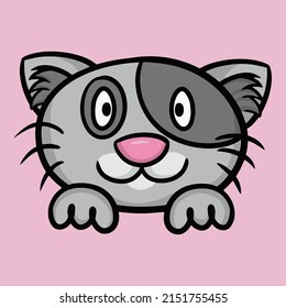 Cute gray contented cat with dark spots on the coat, cat face with paws, cartoon vector illustration on pink background