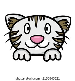 Cute Gray contented cat, cat face with paws, cartoon vector illustration on a white background
