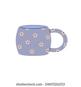 Cute gray cup of water with floral pattern. Design of tea, coffee mug decorated with painted small flowers. Ceramic teacup for drinks, beverages. Flat isolated vector illustration on white background