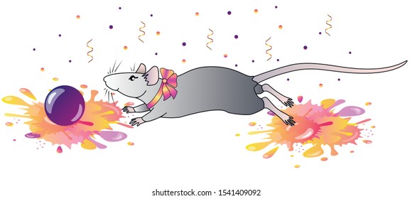 Cute gray decorative rat with a bow on his neck plays ball in bright splashes, candy and serpentine. Rat runs after the ball - stock illustration for postcard or banner.