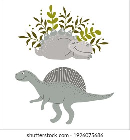 Cute gray Dinosaurs, flat vector illustration