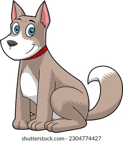 Cute Gray Dog Cartoon Character. Vector Hand Drawn Illustration Isolated On Transparent Background