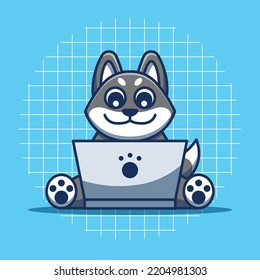 Cute gray dog working with laptop vector illustration
