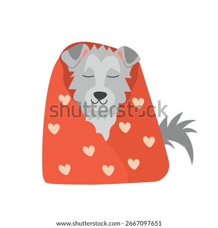 Cute gray dog wrapped in a cozy red blanket with hearts. Vector of funny puppy, pet icon