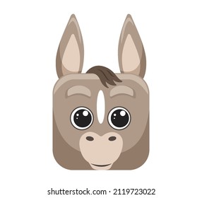 Cute gray donkey, animal square faces, mask, icon, logo. Vector illustration in cartoon style