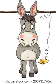 
Cute gray donkey looking at a little yellow mouse