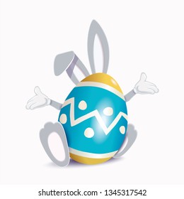 Cute gray Easter Bunny behind colored ornamented egg isolated on a white background,vector illustration for holiday greeting