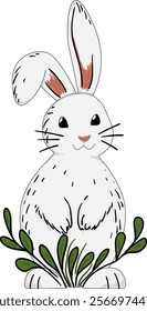 Cute gray Easter bunny in green grass. Vector image.