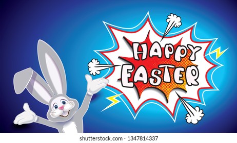 Cute gray Easter Bunny with textual comic speech bubble isolated on a blue background