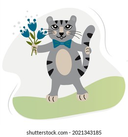 A cute gray elegant cat with a bow and a bouquet of blue decorative flowers. A gray cat goes to a holiday and brings flowers as a gift. Design of children's illustrations, postcards, clothes. Vector