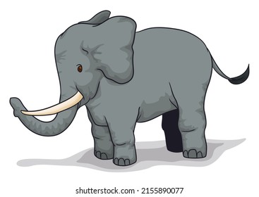 Cute gray elephant in cartoon style, with tail, tusks and big ears, standing over white background.