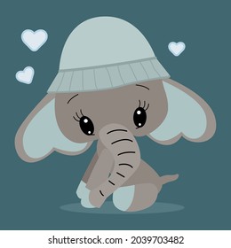 A cute gray elephant is sitting in a panama hat with hearts