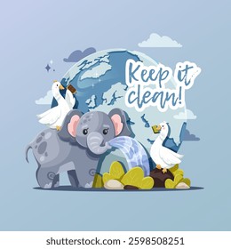Cute gray elephant and white geese on a light blue background, cleaning nature. Eco-friendly concept with animals protecting the planet. Earth illustration with "Keep it clean" text, vector clip art