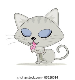 Cute gray female tabby kitten cleaning her paw