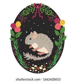 Cute graue, flauschige Chinchilla, Haustier, Cartoon-Charakter für kleine Kinder. Schöner Druck mit Pflanzen und Blumen auf dunklem Hintergrund. Ovale Buchgrafik für Kinder einzeln auf weißem Hintergrund