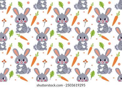 Cute gray furry bunny rabbit isolated on white background. Doodle cartoon Vector illustration. Clipart for children book ,logo web design and banner.