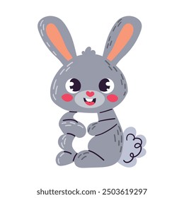 Cute gray furry bunny rabbit isolated on white background. Doodle cartoon Vector illustration. Clipart for children book ,logo web design and banner.