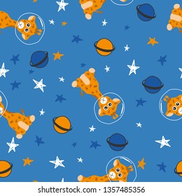 Cute gray giraffe with star, cloud, moon, planet seamless pattern. African animal in the galaxy on blue background. Space wrapping paper design. Baby graphic fabric textile print