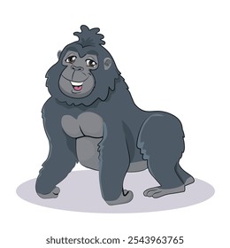 Gorila gris lindo está de pie sobre un fondo blanco. Ilustración vectorial con un animal en estilo de dibujos animados. El mono está sonriendo.