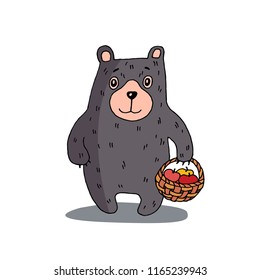 Cute gray grisly bear with basket full of apple. Vector illustration isolated on white. 