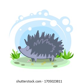 Cute gray hedgehog. Cartoon children's style. Character in location. Glade with plants and sky. simplified style. Vector stock illustration Forest animal Wild, pets on the background of the landscape