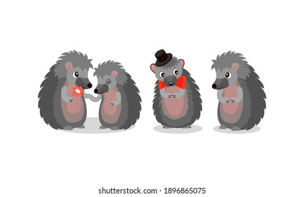 Cute Gray Hedgehog Character with Bow Tie Vector Set
