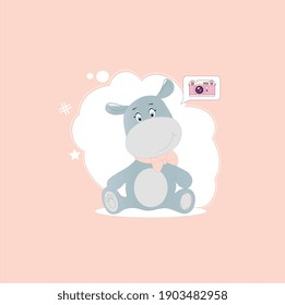 Cute gray hippo dreams of a camera. Vector illustration in a flat style, ready-made postcard
