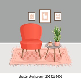 Cute gray interior with modern furniture and plants. Cozy room design with soft armchair, table, plants, coffee, wall pictures, carpet. Living room interior. Vector flat style illustration.