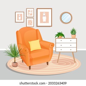 Cute gray interior with modern furniture and plants. Design of a cozy living room with soft armchair, plants, pictures, carpet, mirror, dresser. Vector flat style illustration.