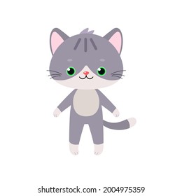 Cute gray kawaii cat stands isolated on white background. Cartoon flat style. Vector illustration