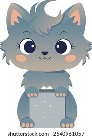 A cute gray kitten in a cartoon style with big eyes, sitting with a box in its paws. An illustration in a kawaii style, perfect for children's books, merchandise, and design.