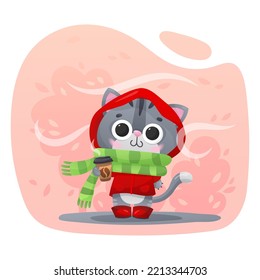 Cute gray kitten, cat in red coat, green scarf with hot coffee mug in his paw, hand with the wind on background. Vector illustration for postcard, banner, design, arts, web, calendar, advertising.