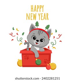 cute gray kitten got out of the box. Cartoon grey cat on a white background. Illustration for New Year and Christmas cards. Xmas. Vector