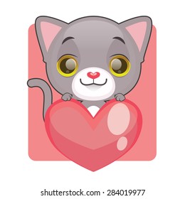 Cute gray kitten holding a giant heart