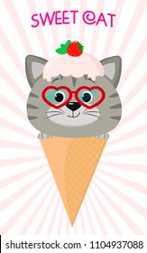 A cute gray kitten in an ice cream image. Sits in a waffle cone on his head, glaze and a berry, against the background of stripes in the style of a cartoon. Flat, vector.