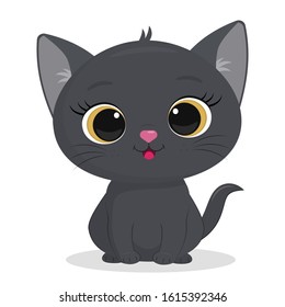 Cute gray kitten isolated on a white background. Funny pet, charming sitting kitty of British breed, cute furry friend. Cartoon style, vector.