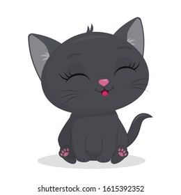 Un gatito gris, aislado en un fondo blanco. Mascota divertida, sedentaria encantadora con los ojos cerrados gatito británico, adorable amigo peludo. Estilo de caricatura, vector 