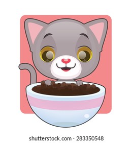 Cute gray kitten looking at food