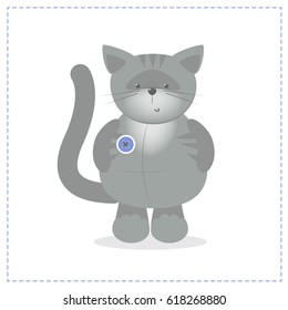 Cute gray kitten plush toy. Vector cartoon