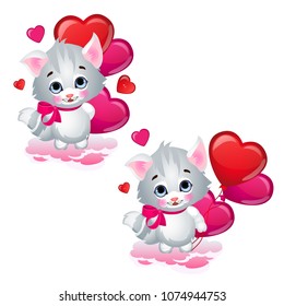 Cute gray kitten with red heart shaped balloons isolated on a white background. Vector cartoon close-up illustration.