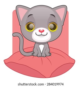 Cute gray kitten sitting on a pillow