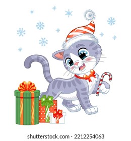 Cute gray kitten with snowflakes and christmas gifts. Cartoon character. Vector isolated illustration. For print, design, posters, cards, stickers, decor, kids apparel, baby shower and invitation