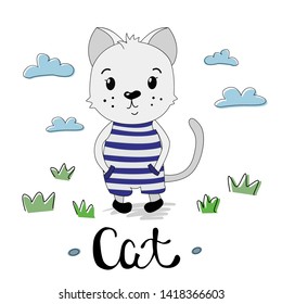 Cute gray kitten in a striped suit. The cat is in nature among the grass and clouds.